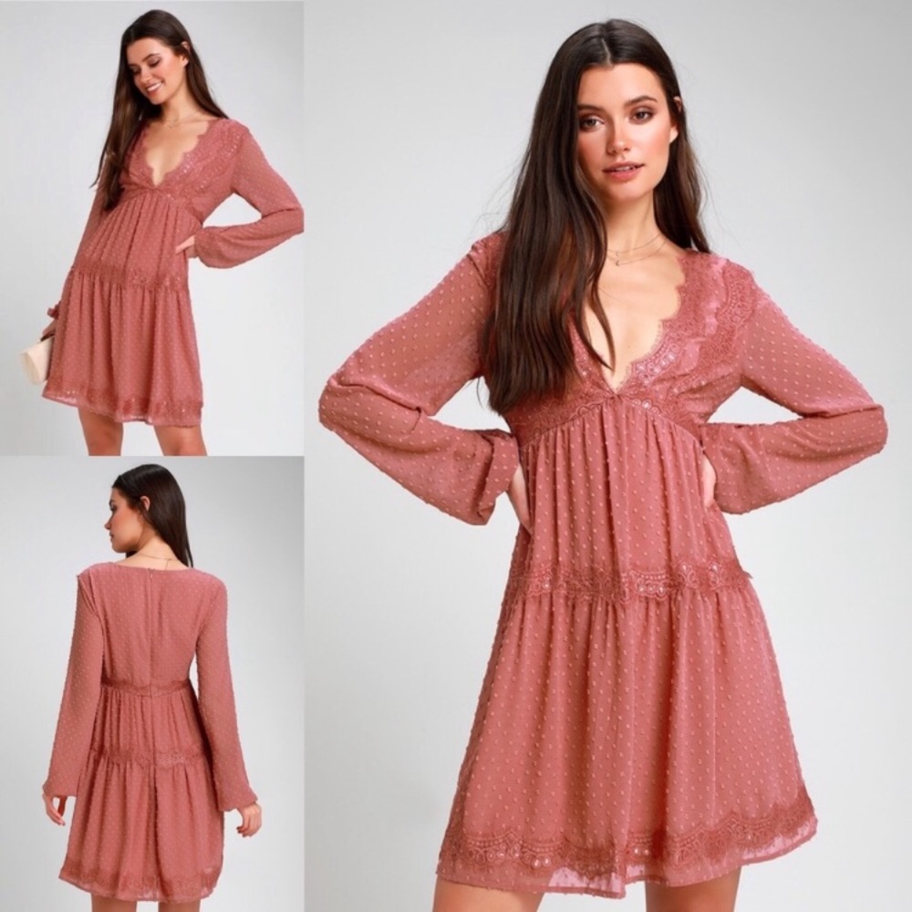 Lulus Wistful Moment Mauve Rose Swiss Dot Dress